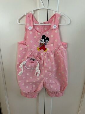 Kids Pink Polka Dot vintage Mickey Embroidered Romper 12-18m